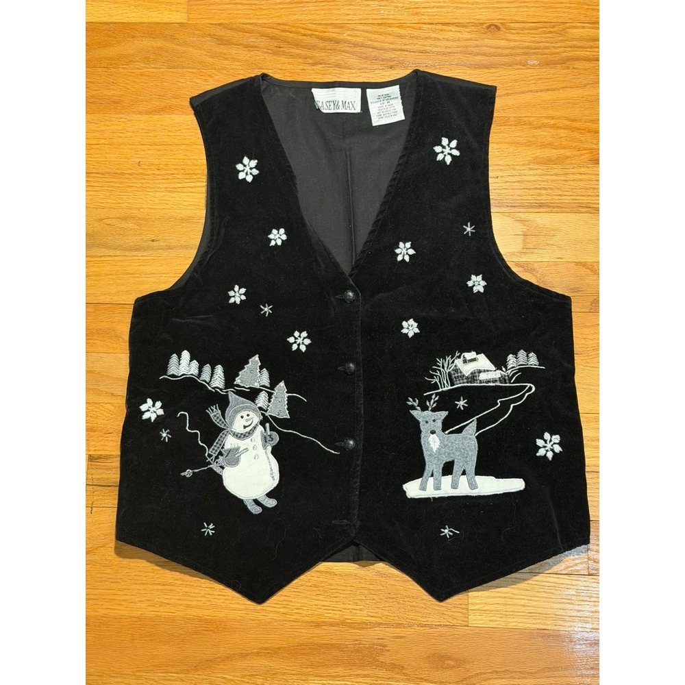 Casey & Max Womens Medium Black Velvet Winter Snowman Reindeer Holiday Vest